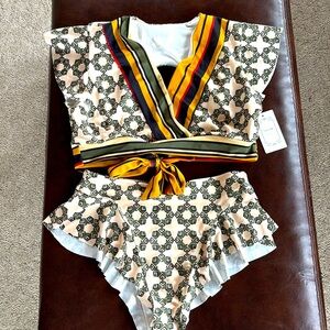 High-Waist Patterned Tie-Front Bikini Set in Cream and Olive